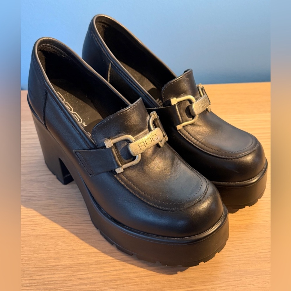 ROC MAYA Black Platform Block Heel Loafers US 8 UK 38